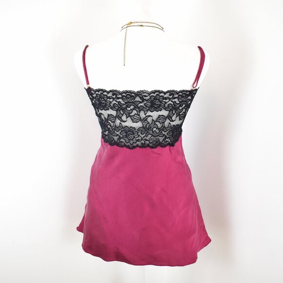 VTG 00s Y2K Christine Wine Red Silk Black Floral Lace Babydoll Slip Cami Top - Picture 3 of 8
